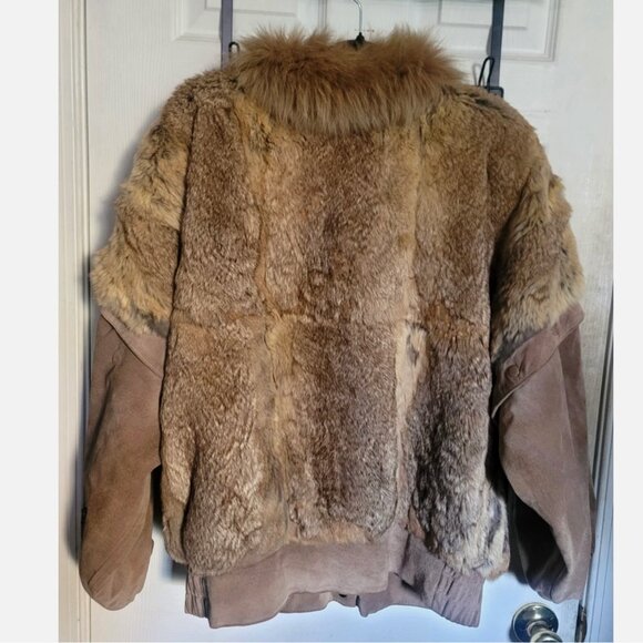 VTG Rabbit Fur Suede Bomber Jacket Convertible Vest Removable Sleeves Women M - Picture 9 of 16